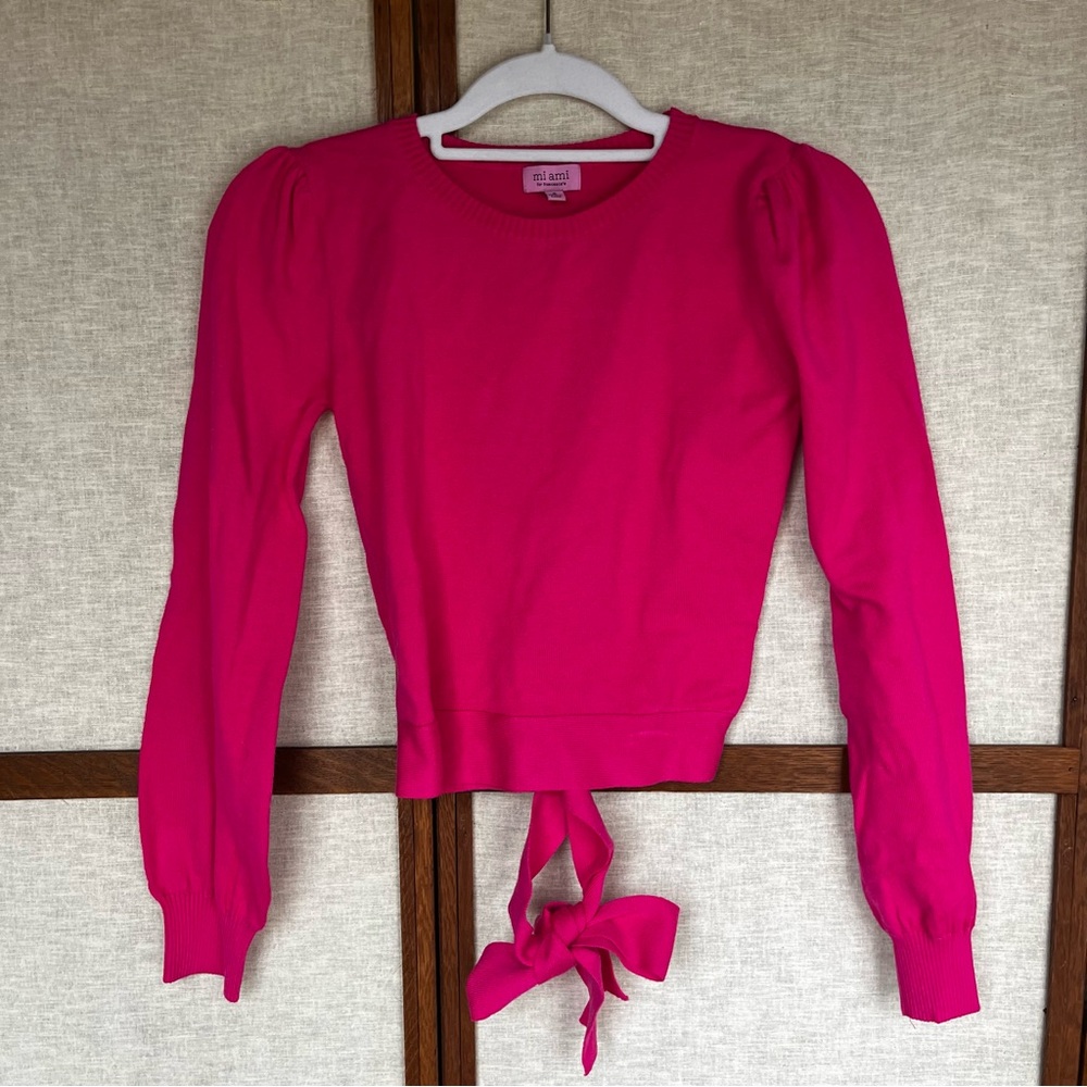 Miami Hot Pink Cropped Ballet Wrap Tie Knit Sweater Top - Small